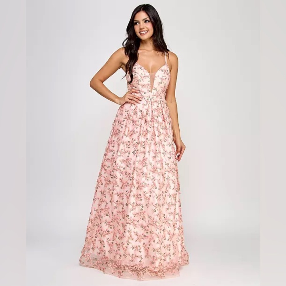NWT MACYS BCX Peach Floral Maxi Dress floor length junior’s size 0